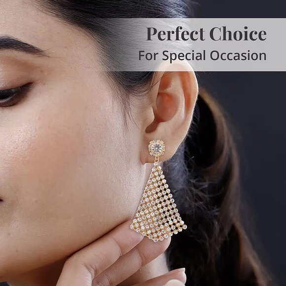 White Austrian Crystal Earrings in Goldtone Triangle Shape - Picture 5 of 7